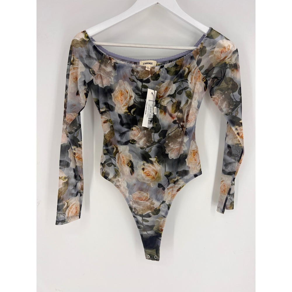 L'AGENCE Womens Floral Mesh Off-the-Shoulder Long Sleeve Bodysuit Grey Rose M